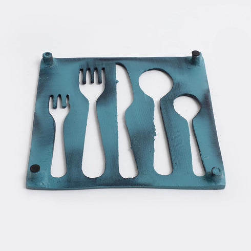 Cutlery Set Shaped Metal Trivet for Serving Hot Dish, Pot, Pans & Teapot on Kitchen Countertop or Dinning, Table-Heat Resistant (Antique Blue)...