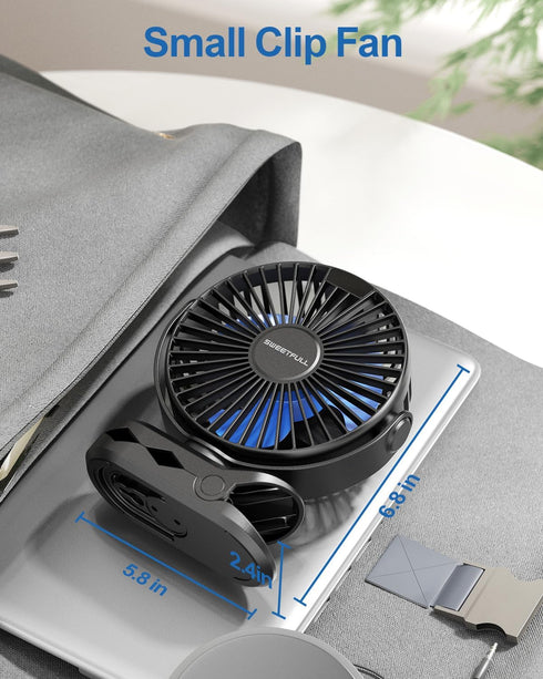 SWEETFULL Portable Clip on Fan - Battery Operated Stroller Fan, 4000mAh Small Rechargeable Fan with LED Display, 4 Speeds, Mini Personal Cooling D...