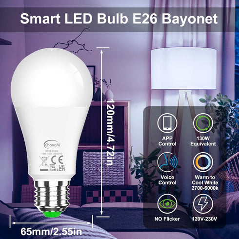 Alexa Led Light Bulbs, A19 E26 Smart Bulb, 130W Equivalent, Warm White to Daylight, 13 Watt Bluetooth Remote Control Light Bulb,Energy Saving,for ...