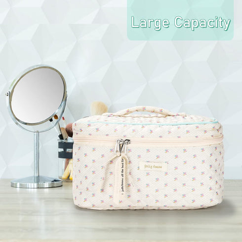 Cotton Makeup Bag, Quilted Cosmetic Bag with Handle Large Capacity Travel Toiletry Bag for Women Cute Aesthetic Floral Makeup Bag (Beige)...
