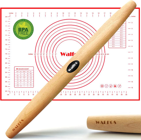 WALFOS French Rolling Pin and Silicone Baking Mat Set, Non-Stick Beech Wood Rolling Pin 15.7 Inch and Pastry Mat for Best Pie Crust, Cookie, Pasta...