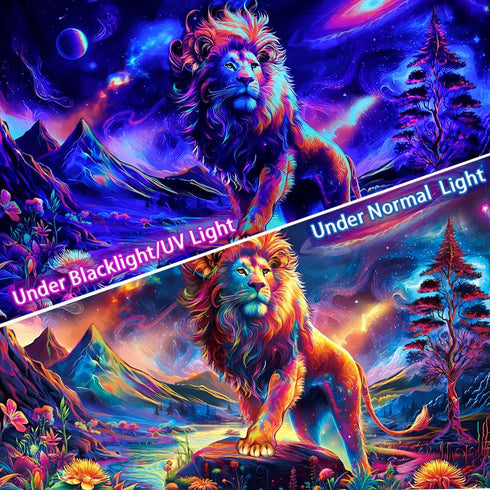 Blacklight Lion Tapestry Trippy Galaxy Space Tapestry UV Reactive Mountain Tapestry Hippie Neon Flowers Plants Wall Tapestry Magic River Landscape...
