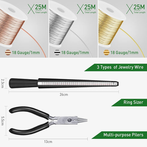Hotop Jewelry Wire for Jewelry Making 182022 Gauge Craft Wire with Pliers and Ring Sizer Beading Jewelry Aluminum Craft Wire (3 Rolls,Gold, Silver...