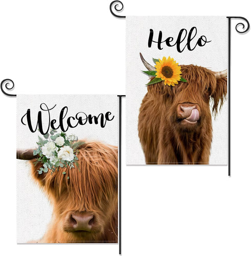 2 Pack Highland Cow Garden Flag, Spring Summer Welcome Sunflower Cow Garden Flag, 12 x 18 Inch Double Sided Vertical Burlap Floral Cow Farmhouse F...