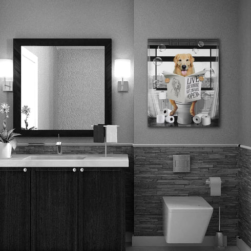 Golden Retriever Canvas Wall Art Black and White Funny Pictures Farmhouse Bathroom Wall Decor Dog Sitting in Toilet Painting for Toilet Bathroom D...