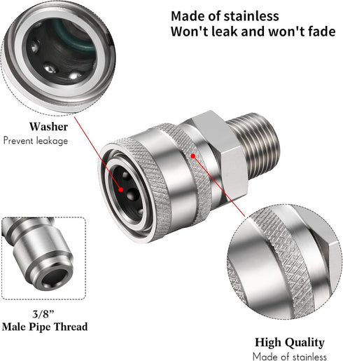 2 Sets NPT 3/8 Inch Stainless Steel Male and Female Quick Connector Kit Pressure Washer Adapters (External Thread)...