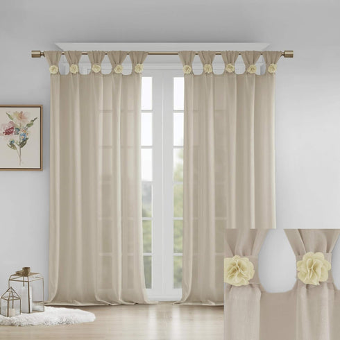 Madison Park Rosette Floral Embellished Cuff Tab Top Solid Single Window Treatments Sheer Curtain Panel Drape for Bedroom Living Room and Dorm, 50...