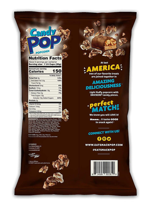 Snack Pop Snickers Candy Coated Popcorn, Made with Real Candy Pieces, Drizzled with Chocolate and Caramel, NON-GMO, 5.25oz...