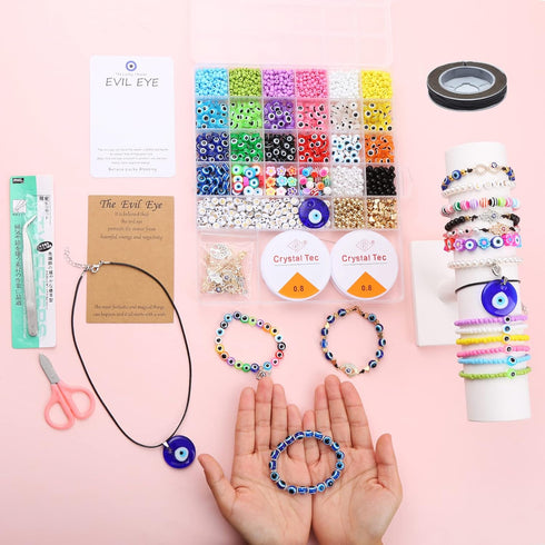 JIYIEW Evil Eye Bracelet Kit 4mm Glass Seed Beads Jewelry Making Kit with Evil Eye Beads, Evil Eye Charms, Clay Beads, Gold Spacer Beads and Elast...