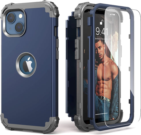 IDweel for iPhone 13 Case with Screen Protector, for iPhone 14 Case, Hybrid Shockproof Heavy Duty Protection Hard PC Cover Soft Silicone Sturdy Bu...