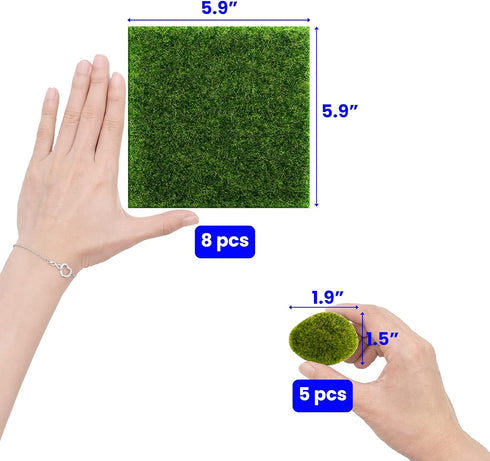 SNAIL GARDEN Fairy Artificial Grass, 8Pack Life-Like Garden Lawn with 5Pcs Artificial Moss Rocks-Miniature Ornament Garden Fairy Accessories for G...