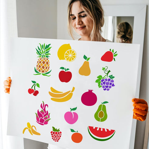 FINGERINSPIRE 3PCS Fruits Painting Stencil 11.7x8.3 inch Hollow Out Banana Lemon Cherry Avocados Stencil Reusable Plastic Strawberry Pear Watermel...
