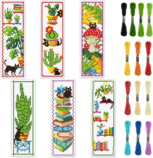 6pcs DIY Cross Stitch Bookmark Kit Plant Stamped Embroidery Bookmark Kits Instruction Included 8.7x3.1" Black Cat Easy Cross Stitch Kits for Adult...