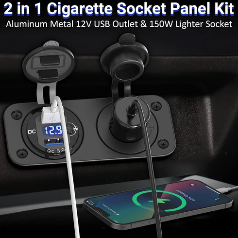 Cigarette Lighter Socket 12V Power Outlet, Qidoe Aluminum 40W Dual QC3.0 USB Charger Socket with LED Voltmeter Switch,150W DC Lighter Socket Water...