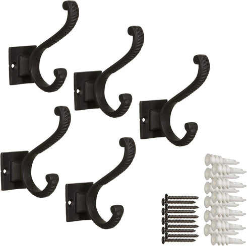 Claimed Corner Iron Scroll Coat Hooks - Wall Mounted Rustic Farmhouse Cast Iron DIY Coat Towel Hat Scarf Bag Hook - 5 Pack (Black)...