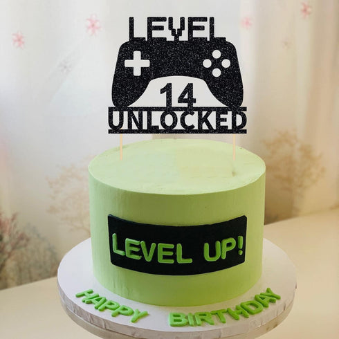 Level 14 Unlocked Cake Topper, Video Game Cake Topper, Game Controller Cake Topper for 14th Birthday Party Decoration...