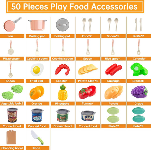 50Pcs Kitchen Playset, Toddler Pretend Cooking with Play Pots and Pans, Utensils Cookware, Daily Food, Fruit &Vegetables Accessories, Learning Gif...