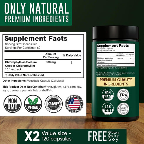 Chlorophyll Capsules 600 mg - Natural Chlorophyll Pills for Women & Men - Highly BioAvailable Chlorophyll Supplement for Energy, Immunity, Skin + ...
