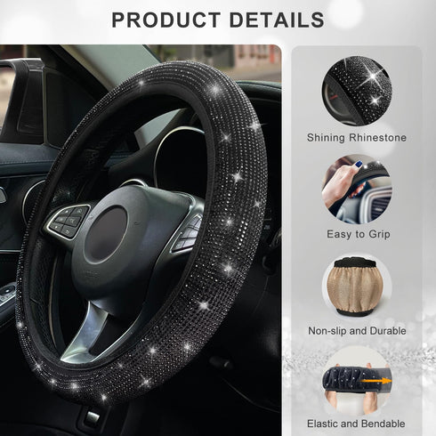 Bling Diamond Car Steering Wheel Cover, Anti-Slip Soft 14.5-15.5 Inch Sparkly Rhinestone Steering Wheel Protector for Women Men, Universal Fit Mos...
