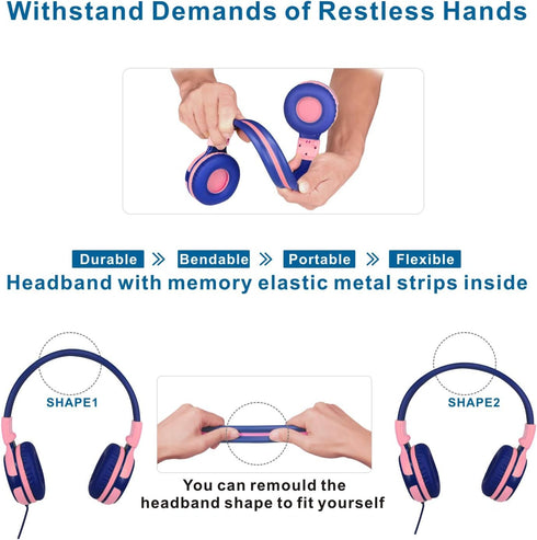 SIMOLIO Kids Headphones with 75dB,85dB,94dB Volume Limited & Share Jack, Headphones for Girls with Mic, Durable Children Headphones with Safe Volu...