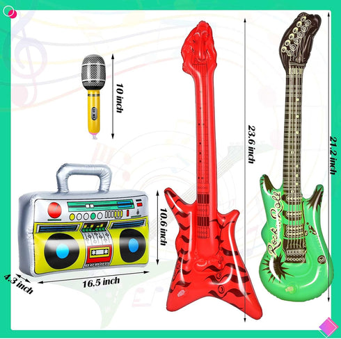 BBTO 15 Pcs Inflatable Rock Star Toy Set 23.6 Include 23.6 Inch Inflatable Rock Electric Guitar, Inflatable Bass Guitar, Inflatable Microphones, I...