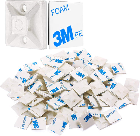 XHF 100 PCS 3/4" White Self Adhesive Cable Zip Tie Mounts Wire Cable Clips Holders Management Anchors Organizer Holders Squares(HS-101S)...