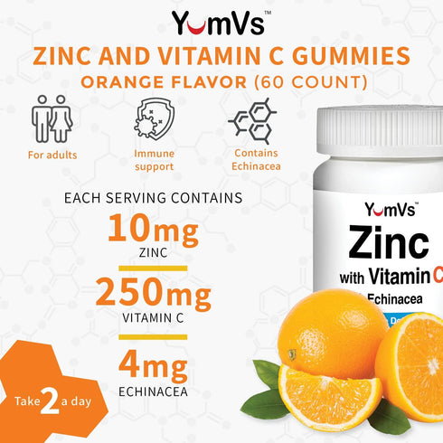 Zinc Vitamin C and Echinacea Gummies for Adults and Kids by YumVs | Chewable Gummy - Vegetarian, Halal, Kosher | Orange Flavor - 60 Count...