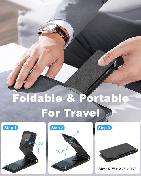 Foldable Magnetic Wireless Charger, Leather 3-in-1 Charging Station for Multiple Devices Apple, Fast Travel Mag-Safe Charger Stand for iPhone 15 1...