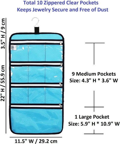 Hanging Jewelry Organizer with 10 Zippered Clear Pockets for Travel Suitcase and Home Closet Jewelry Storage Bag (BLUE)...