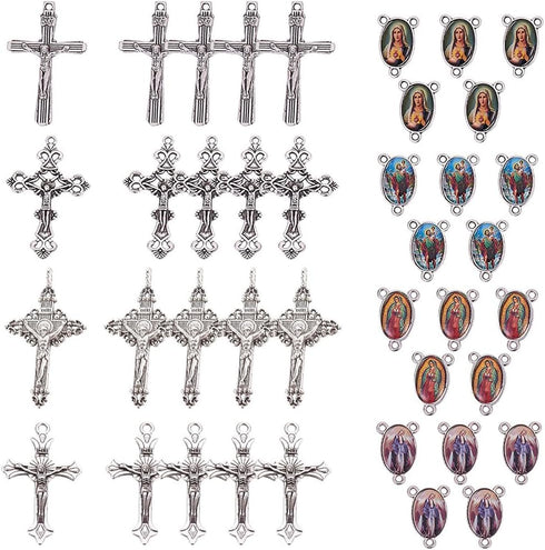 SUNNYCLUE Easter Holiday Tibetan Style Rosary Cross and Center Our Lady Miraculous Medal Enamel Cross Pendants Vintage Charm Oval Chandelier Links...