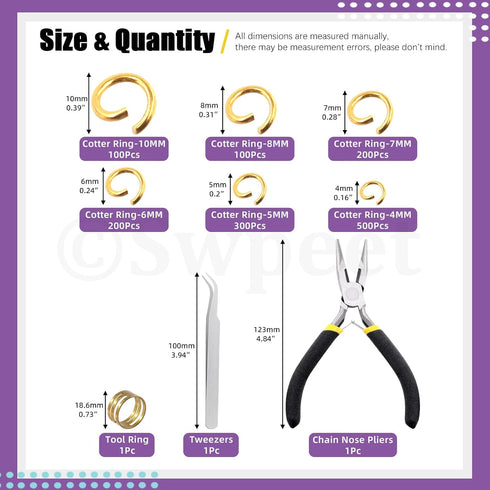 Swpeet 1403Pcs Mixed Size 4-10mm Gold Open Jump Rings Kit with Tweezer, Jump Ring Pliers and Jump Ring Opener, Round Ring Connectors for Jewelry M...