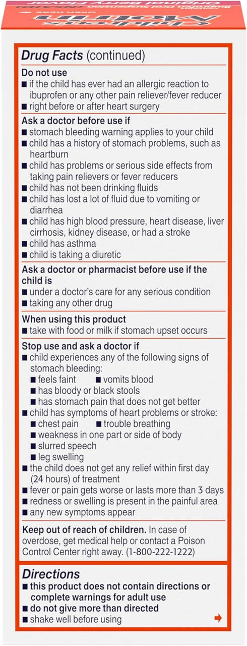 Children's Motrin Oral Suspension Medicine, 100 mg Ibuprofen, Kids Fever Reducer & Pain Reliever for Minor Aches & Pains Due to Cold & Flu, Alcoho...