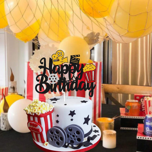 Film Cake Topper Movie Cinema Birthday Cake Decoration Happy Birthday Sign Cake Decor for Film Projector Movie Night Camera Popcorn Theater Theme ...