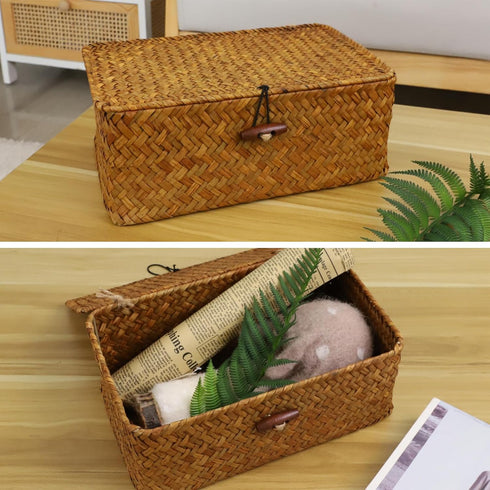 YRHOME Seagrass Rattan Basket Storage with Lid, Natural Hand-woven Rectangular Household Basket Bins for Organizer Boxes Shelf Desk (Original 10.2...