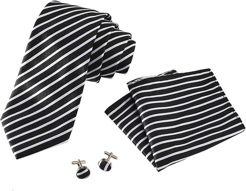 Classic Strip Mens Ties Set Silk Necktie Pocket Square Cufflinks Set Gift Set...