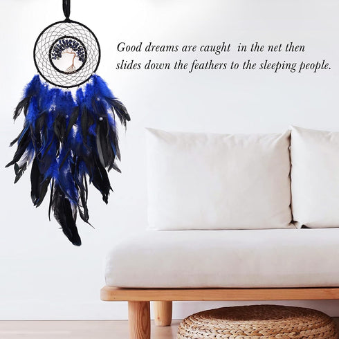 Dreamlike Deep Blue Tree of Life Dream Catcher Wall Decor with Healing Crystal Stone Handmade Feather Dream Catchers Decoration Wall Hanging for G...