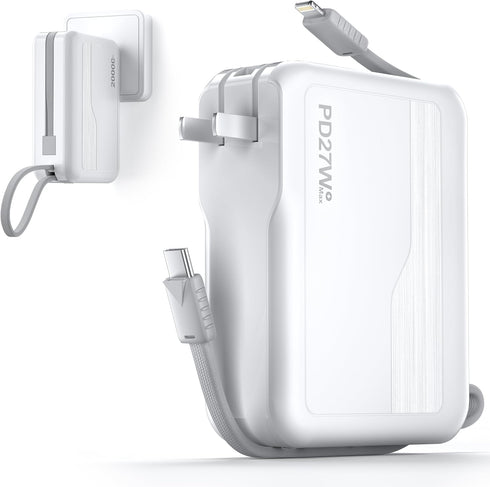 Portable Charger Built-in Cables & AC Wall Plug 20000mAh, USB C 27W Fast Charging Power Bank with LED Display, Portable Battery for iPhone 15/14/1...
