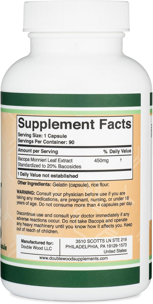 Bacopa Monnieri Capsules 20% Bacosides 450mg, 90 Count (Non-GMO, Gluten Free) Brahmi Extract (Memory Supplement for Brain Health, Focus, and Cogni...