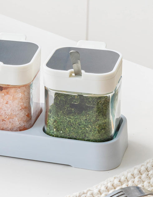 Mlici 8.6 oz Condiments Container Seasoning Jars, Kitchen Spicy Jars with Lids and Spoons, Tea Coffee Sugar Canisters Glass Spice Box, Set of 3, W...