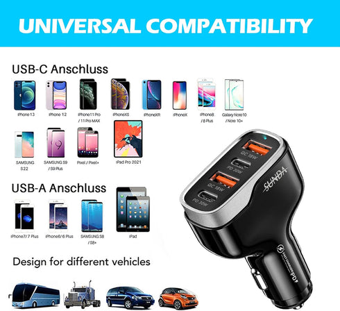 SUNDA 60W USB C Fast Car Charger | 4-Ports Car Charger Adapter | Dual Type C PD30W/PPS30W Compatible with iPhone15/14 Pro/Max/iPhone13/Galaxy/Sams...