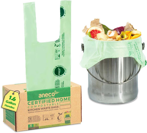 ANECO 100% Compostable Food Waste Bags 1.6 Gallon With Handles (30 Count), Small Compost Bags for Countertop Bin, OK Compost HOME & BPI Certified ...