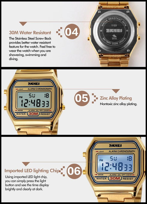 VIGOROSO Men Lady Vintage Retro Gold Stainless Steel Digital Casual Watch Alarm Stopwatch(Gold)...