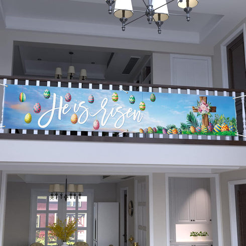 Probsin He is Risen Banner 120" x 20" Happy Easter Banner Decorations Party Supplies Eggs Cross Home Decor with Brass Grommets for Outside Indoor ...