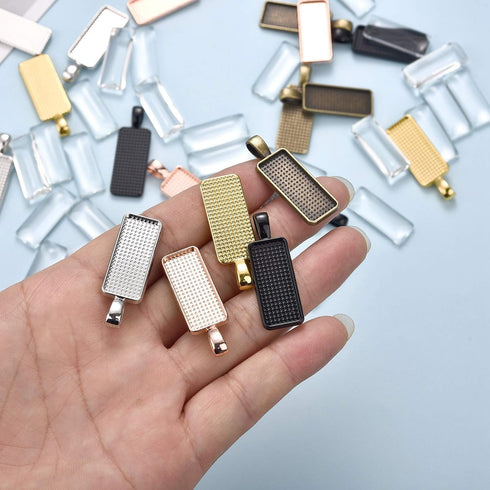 OBSEDE 50Pcs Glue on Bails Rectangle Pendant Tray Glass Dome Kits for Jewelry Making Necklace Earring Scrabble Supplies Cabochon...