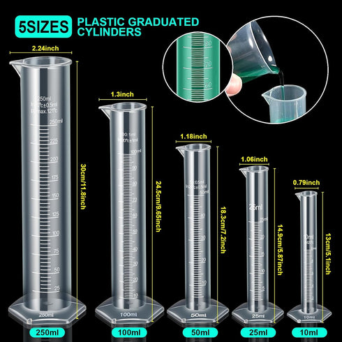 Teenitor Graduated Cylinder Plastic Beaker, 5pcs Plastic Graduated Cylinder 10ml 25ml 50ml 100ml 250ml and 5pcs Plastic Beakers 50ml 100ml 250ml 5...