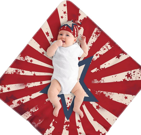 Star Stripes Baby Swaddle Blanket with Beanie Set, Newborn Receiving Blankets 35.4"X 35.4" USA Flag Soft Swaddle Wrap Baby Stuff for Infant Boy Gi...