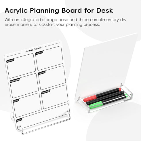 Acrylic Planning Board with Storage Base, Mini Whiteboard for Desk, Small Dry Erase Board with Weekly Planner Menu, Reusable Desk Notepad for Home...