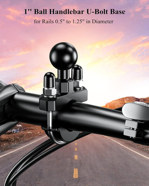 BRCOVAN Handlebar U-Bolt Mount Base with 1'' TPU Ball for Rails 0.5'' to 1.25'' in Diameter, Compatible with RAM Mounts B Size 1 inch Ball Double ...