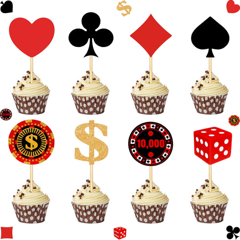 Boao 48 Pieces Poker Theme Party Decorations Poker Heart Cupcake Toppers Las Vegas Cake Decorations Playing Card Toothpicks Fruit Food Picks Birth...