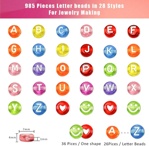 985 Pieces Letter Beads Kit,28 Styles Friendship Bracelet Kit Alphabet Beads Smiley Face Beads for Bracelets Jewelry Making Kit (White Letter Colo...